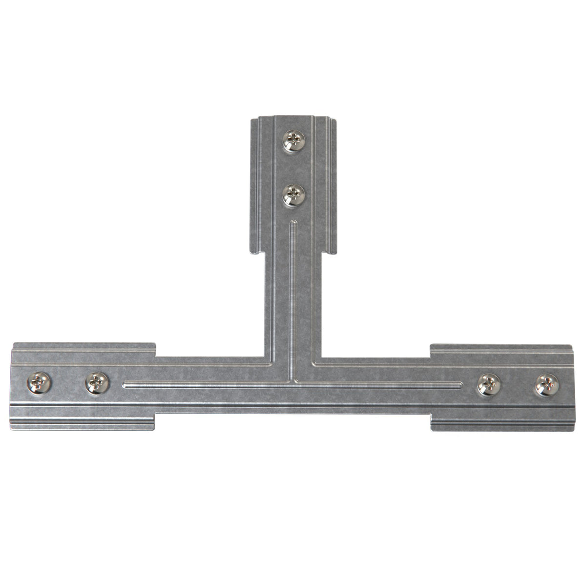 T-shaped metal bracket with six screws