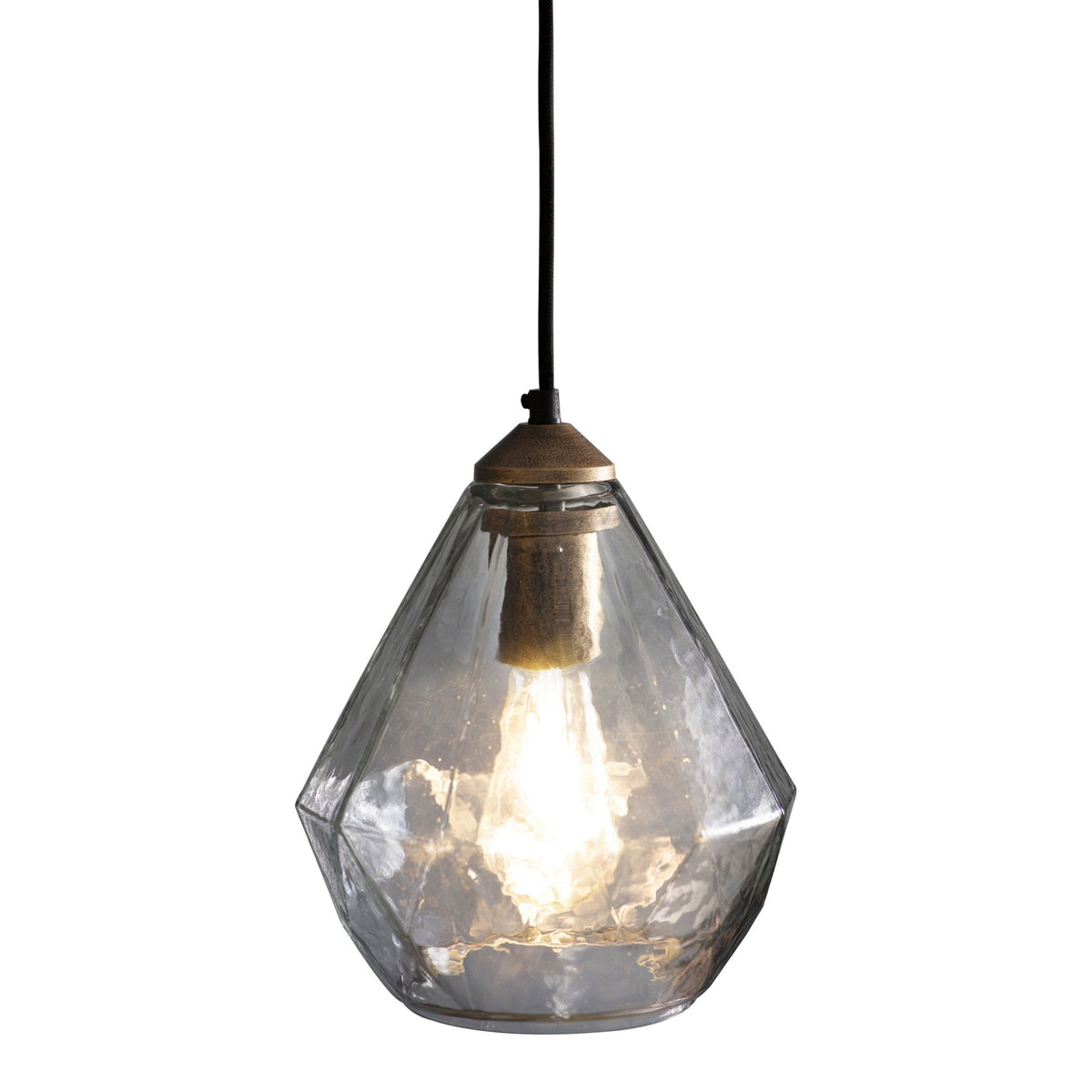 Clear glass pendant light with a faceted, diamond-like shape and a visible filament bulb, hanging against a white background.