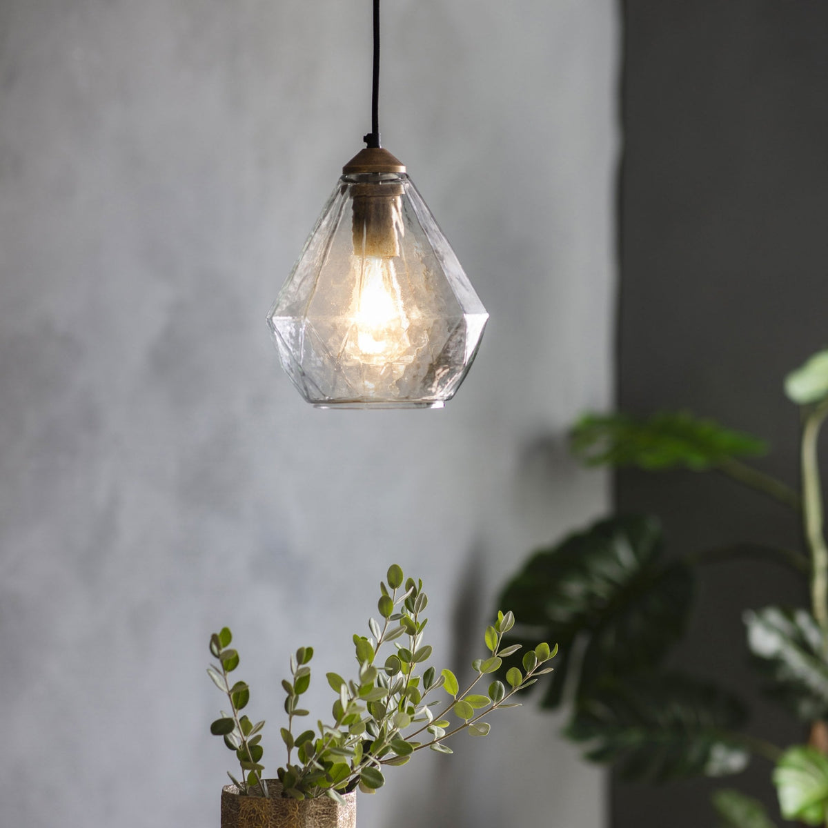 Clear glass pendant light with a faceted, diamond-like shape and a visible filament bulb, hanging above a plant.