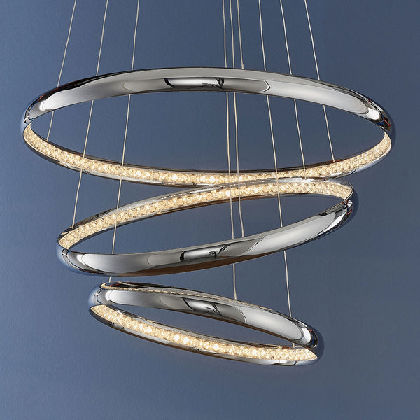 Ozias Three Ring LED Pendant in Chrome and Crystal