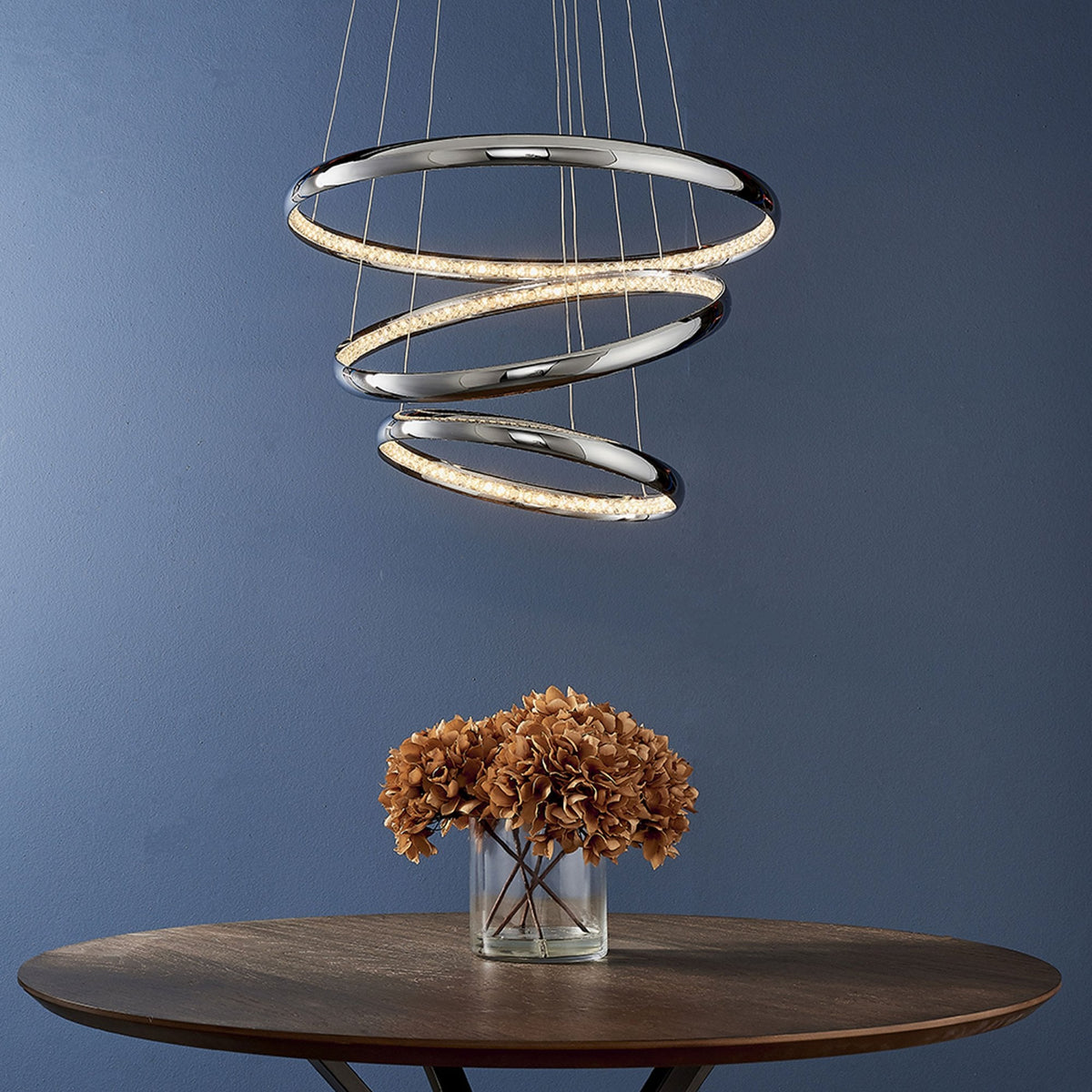 Ozias Three Ring LED Pendant in Chrome and Crystal