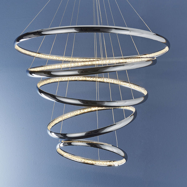 Ozias Five Ring LED Pendant in Chrome and Crystal