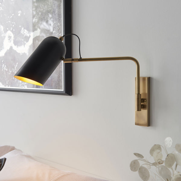 Navren Swing Arm Wall Light in Antique Solid Brass & Matt Black