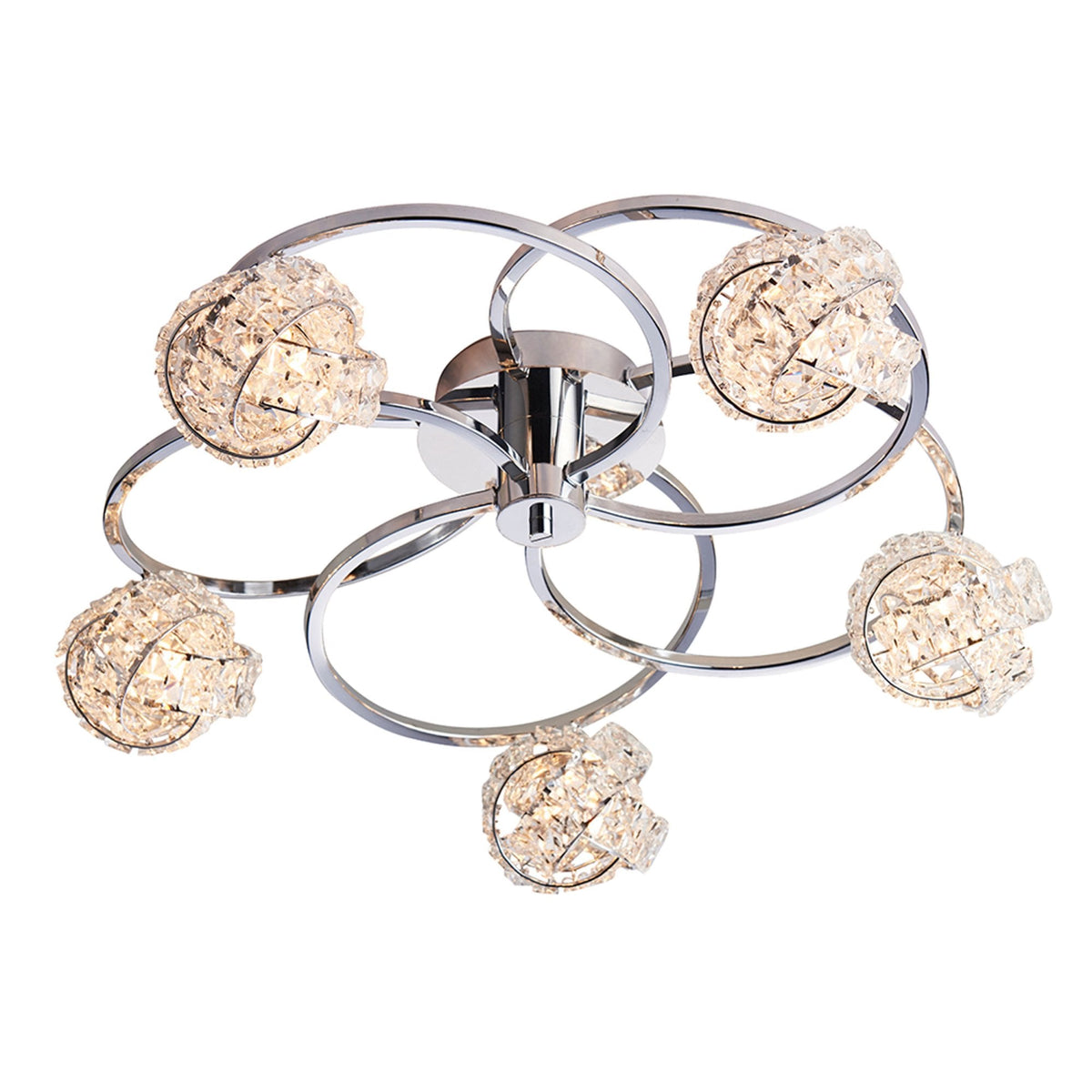 Chrome ceiling light with five crystal sphere shades, on a white background.