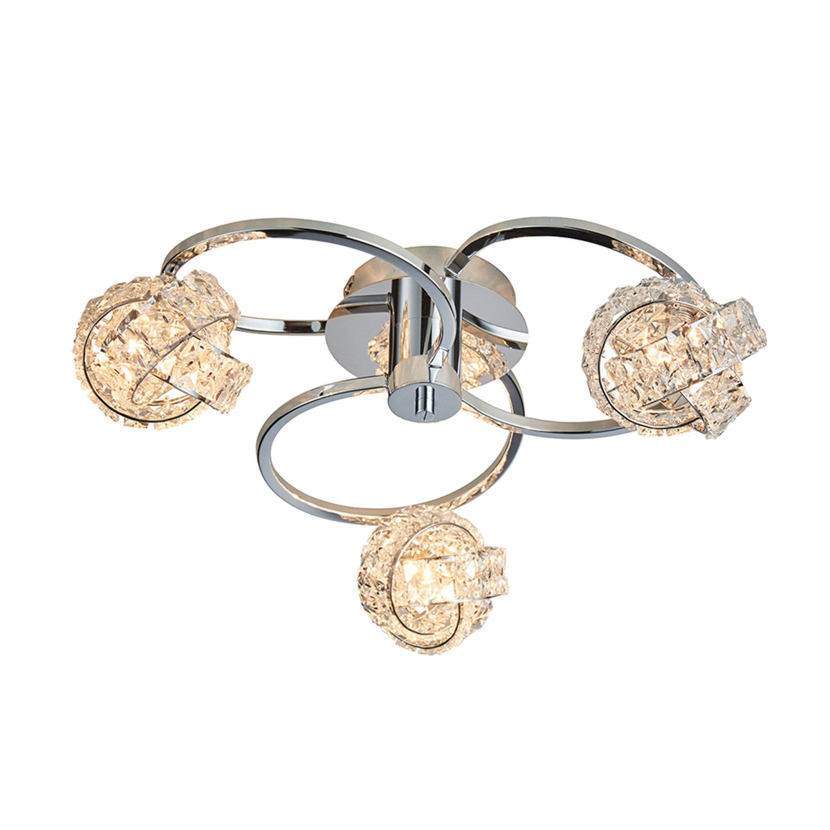 Chrome ceiling light with three crystal orb shades, illuminated against a white background.