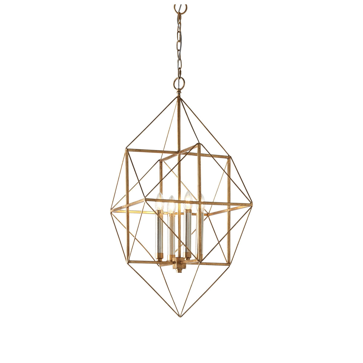 A gold geometric chandelier with four candle-style lights hangs from a chain against a white background.