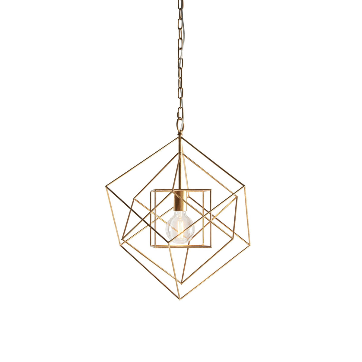 A brass geometric pendant light with an exposed bulb, isolated on a white background.