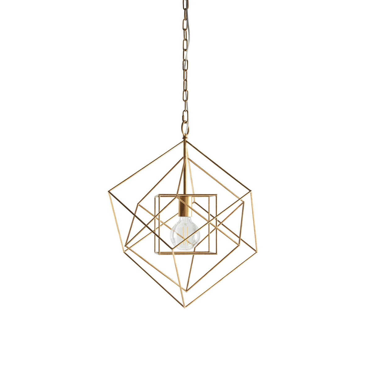 A brass geometric pendant light with an exposed bulb, isolated on a white background.