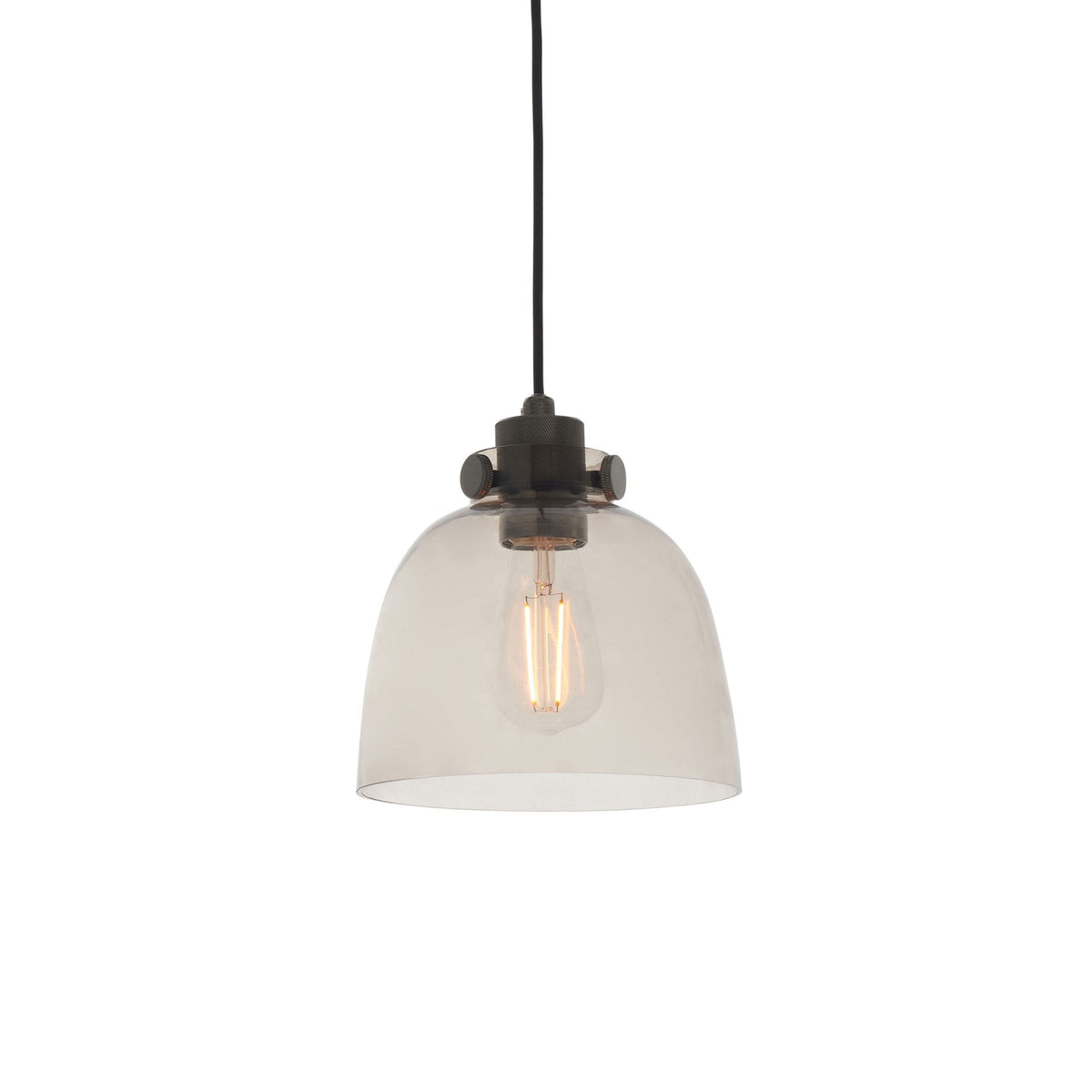 Pendant light with a clear glass dome shade and an exposed filament bulb on a white background.