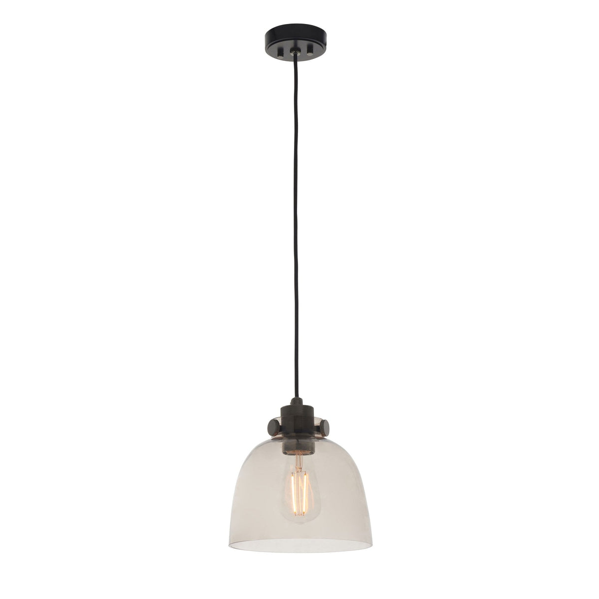 Full view of a pendant light with a clear glass dome shade and an exposed filament bulb on a white background.
