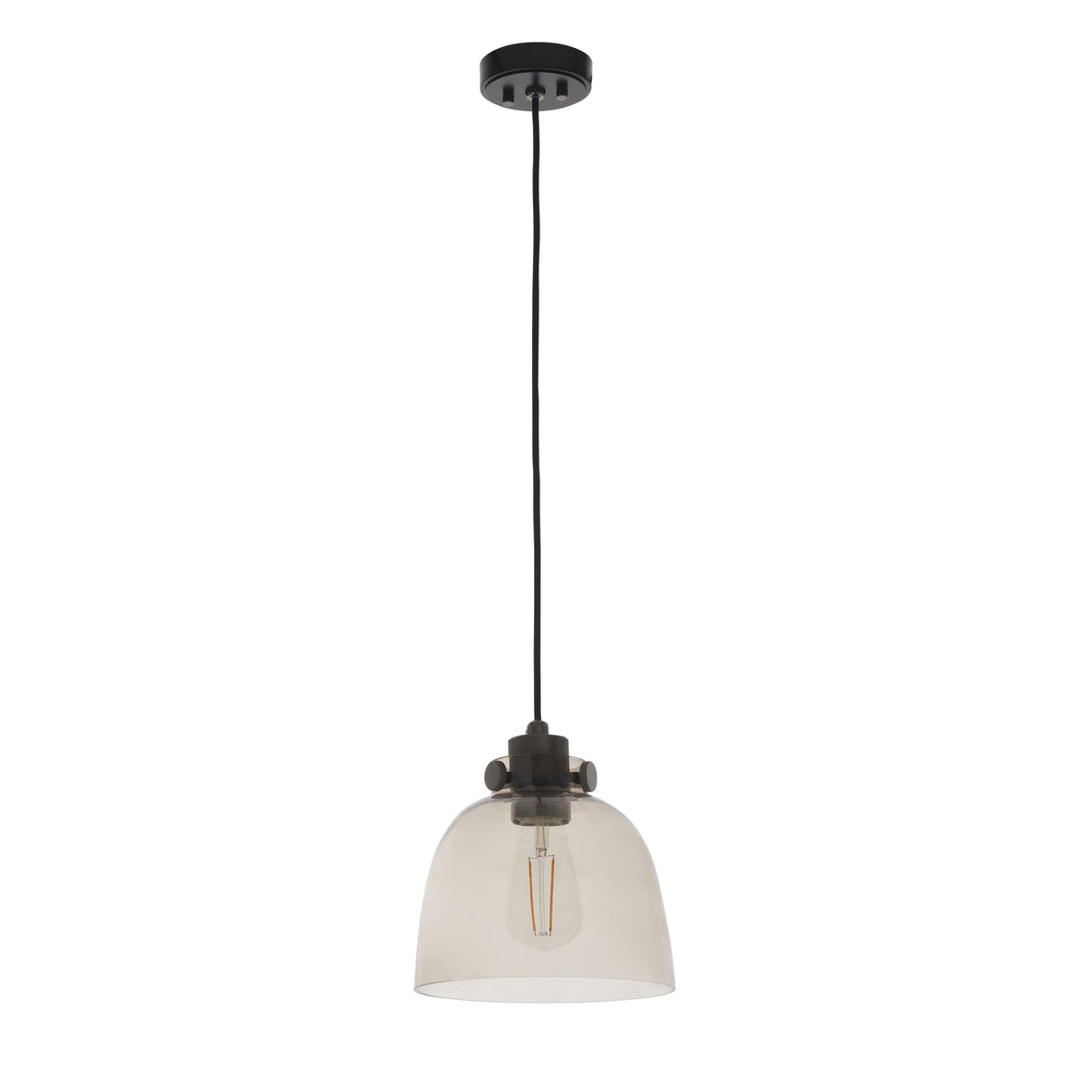 Full view of a pendant light with a clear glass dome shade and an exposed filament bulb on a white background.