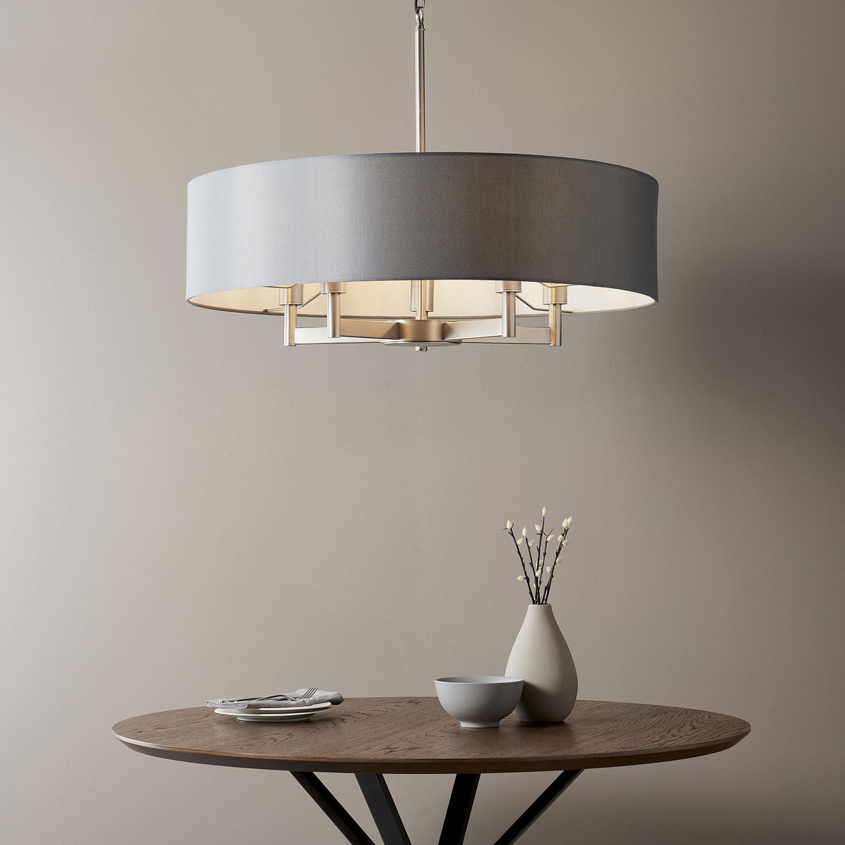 Grande Five Arm Pendant with Grey Fabric Shade