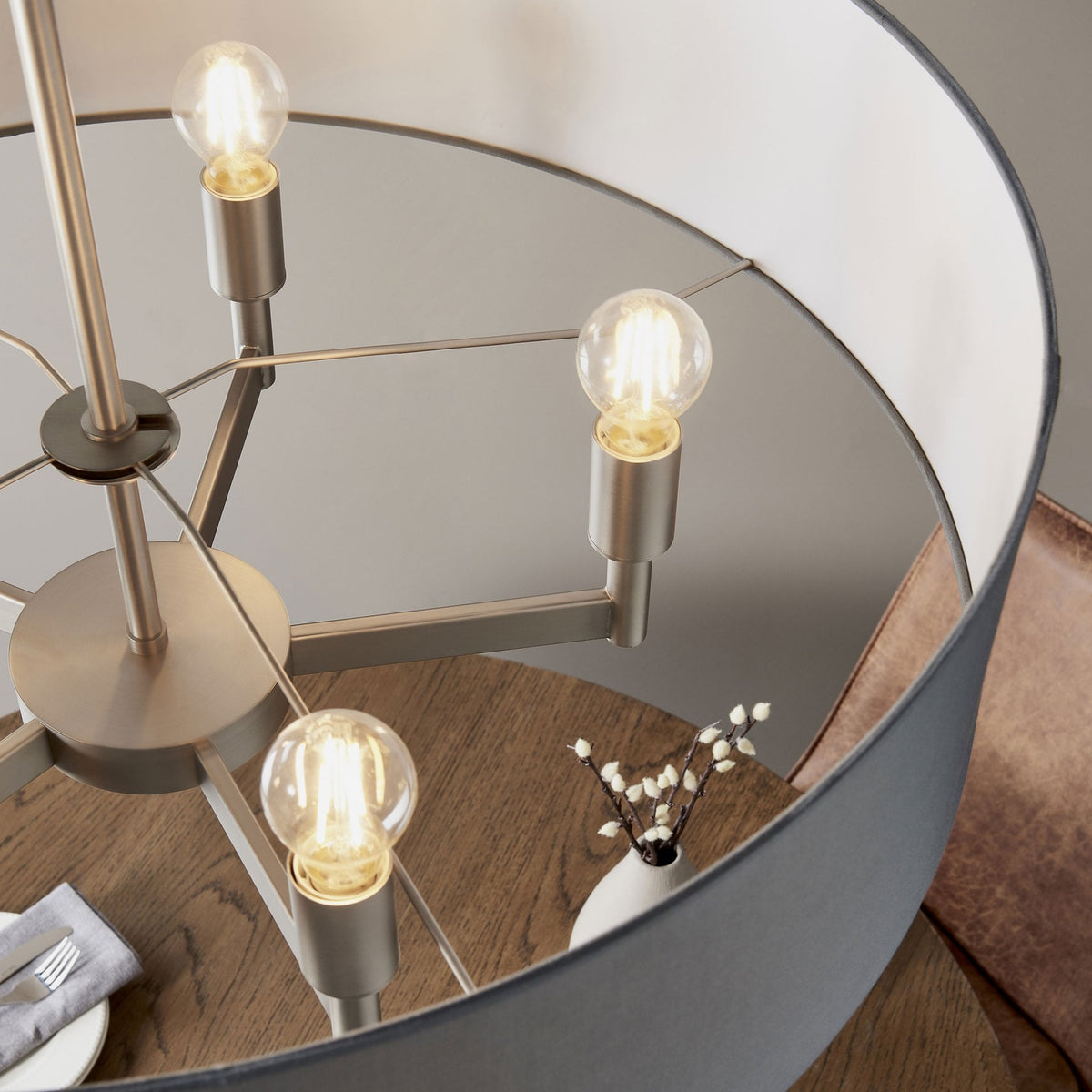 Grande Five Arm Pendant with Grey Fabric Shade