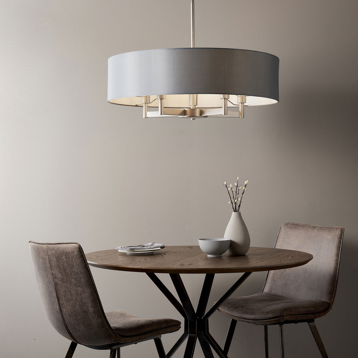Grande Five Arm Pendant with Grey Fabric Shade