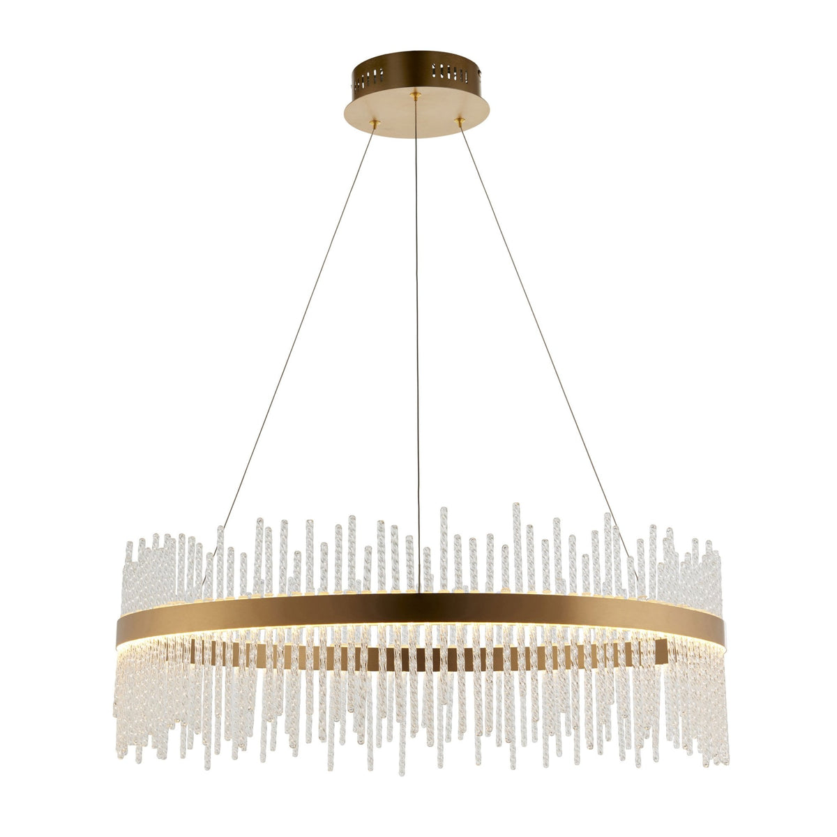 A full view of the LED chandelier with its minimalist suspension, isolated on a white background. Highlights its design.