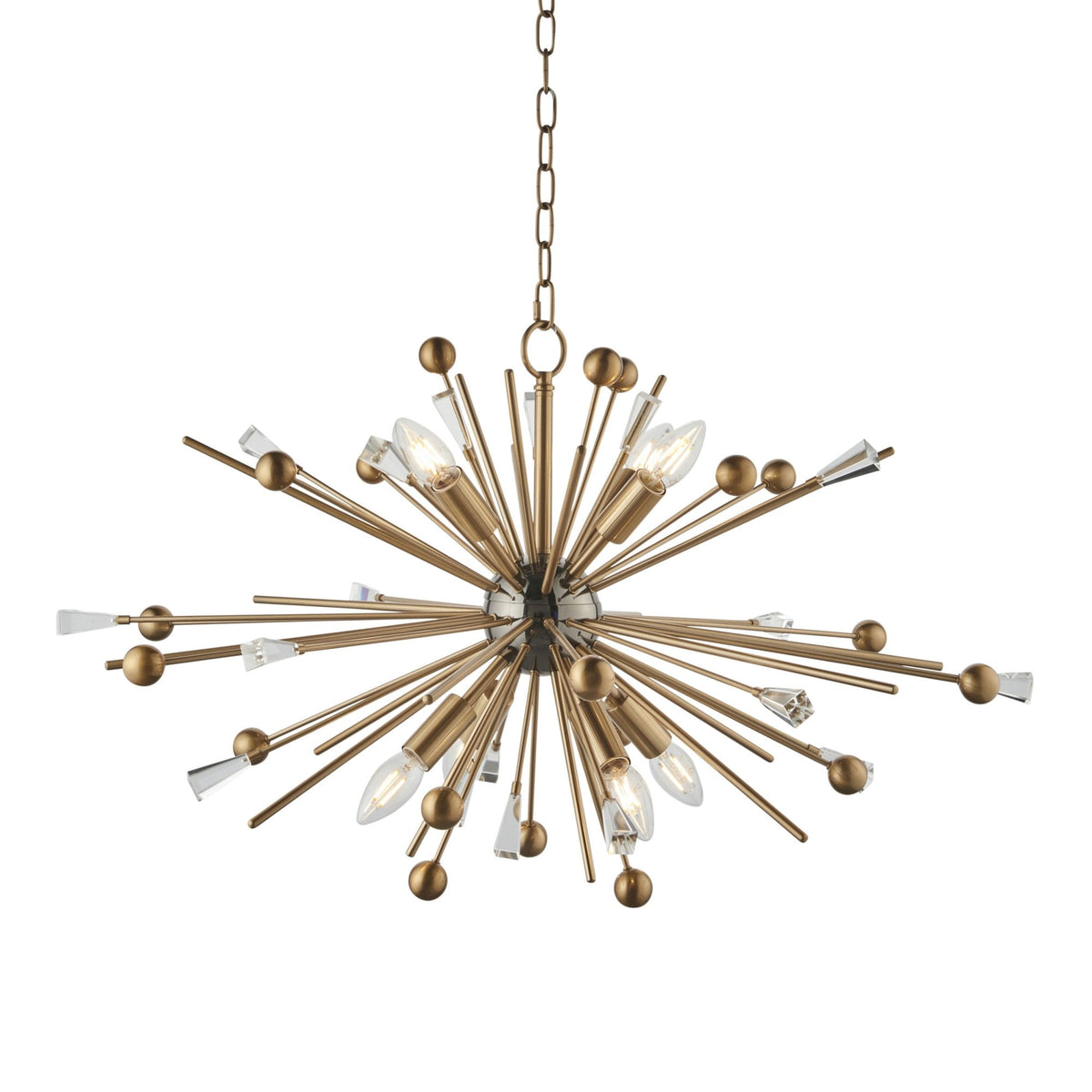 A sputnik-style chandelier with brass rods, small brass spheres, and clear crystal accents on a white background.