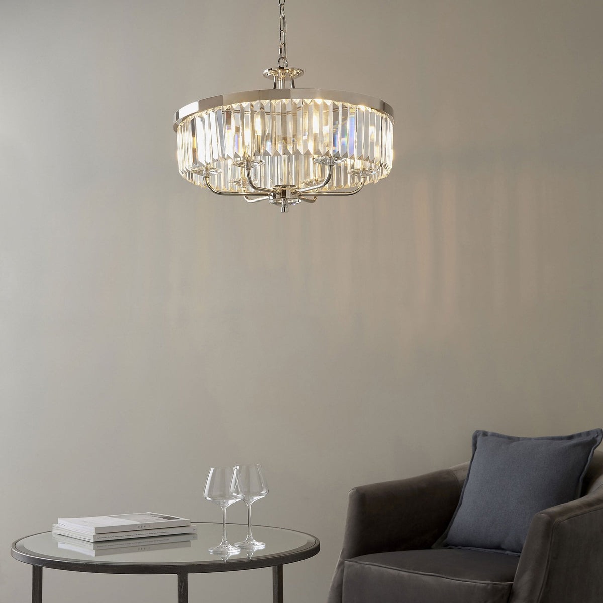 Yetminster 6 Light Pendant in Nickel & Clear Cut Glass