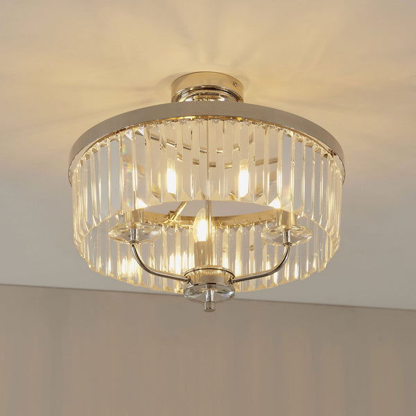Yetminster 3 Light Semi Flush in Nickel & Clear Cut Glass