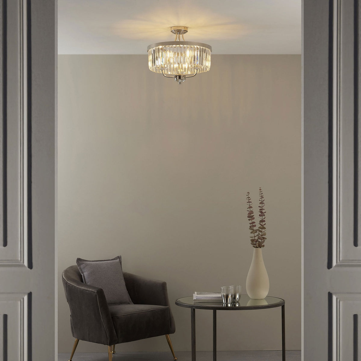 Yetminster 3 Light Semi Flush in Nickel & Clear Cut Glass