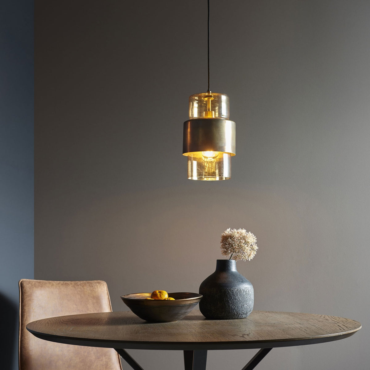 Chiswell Pendant in Brass Patina & Champagne Lustre Glass