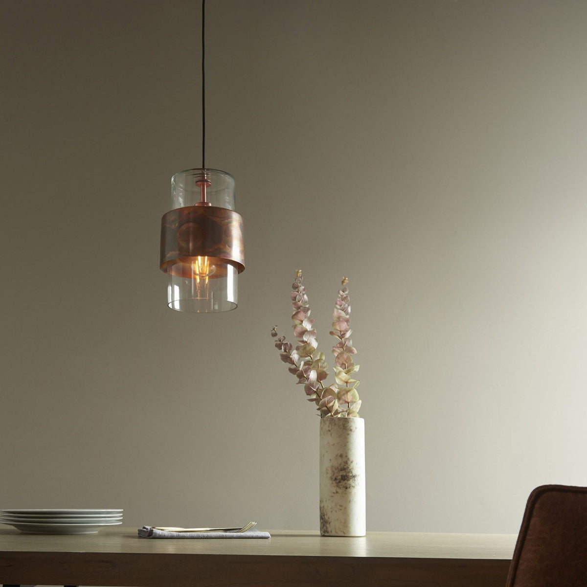 Chiswell Pendant in Copper Patina & Clear Glass