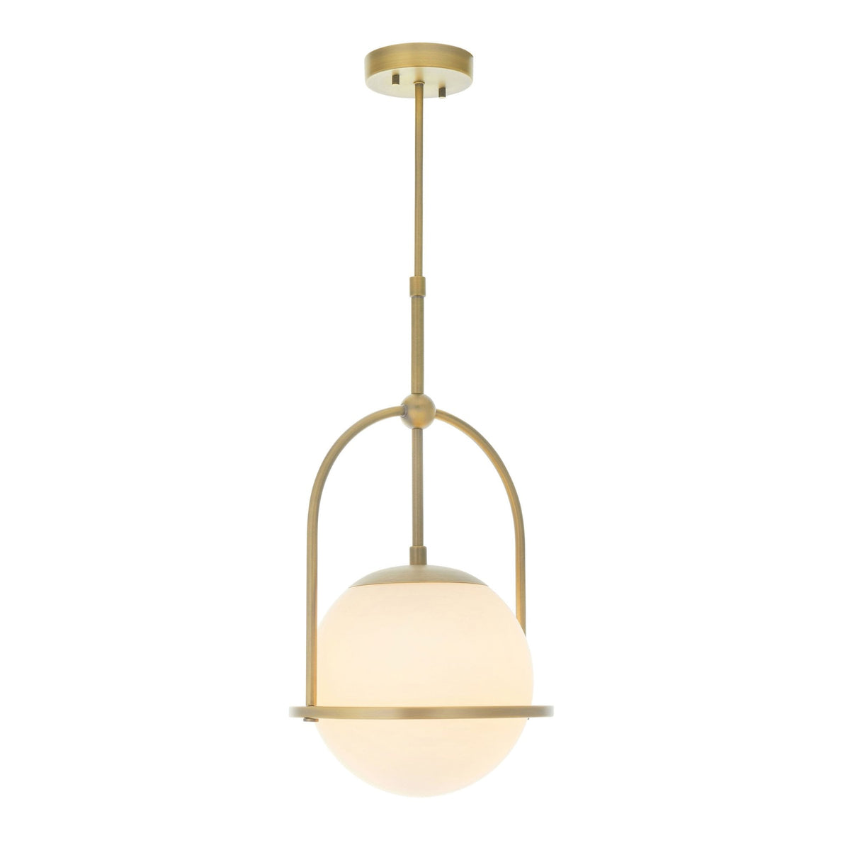 A modern bronze pendant light with a spherical white glass shade on a white background.