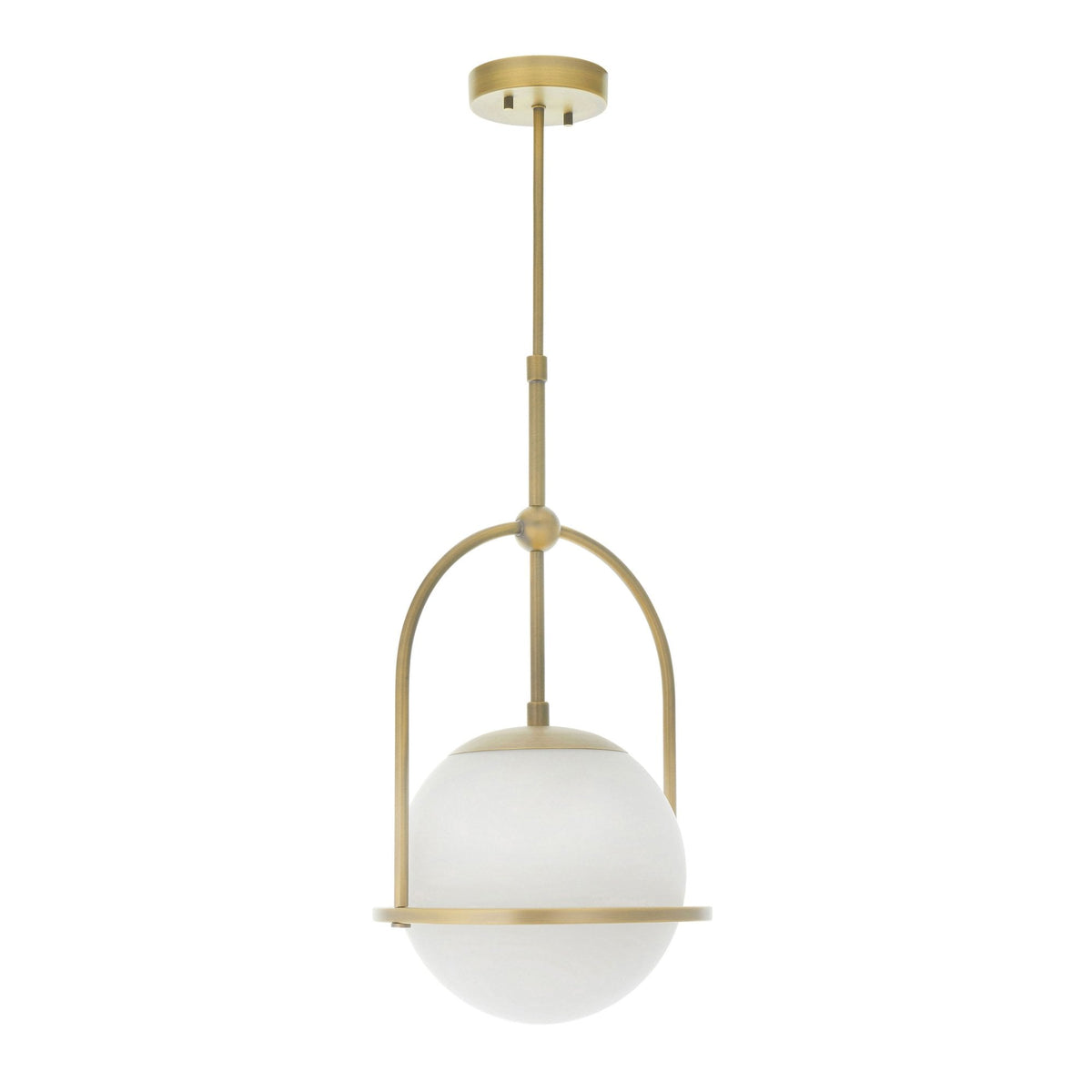 A modern bronze pendant light with a spherical white glass shade on a white background, turned off.