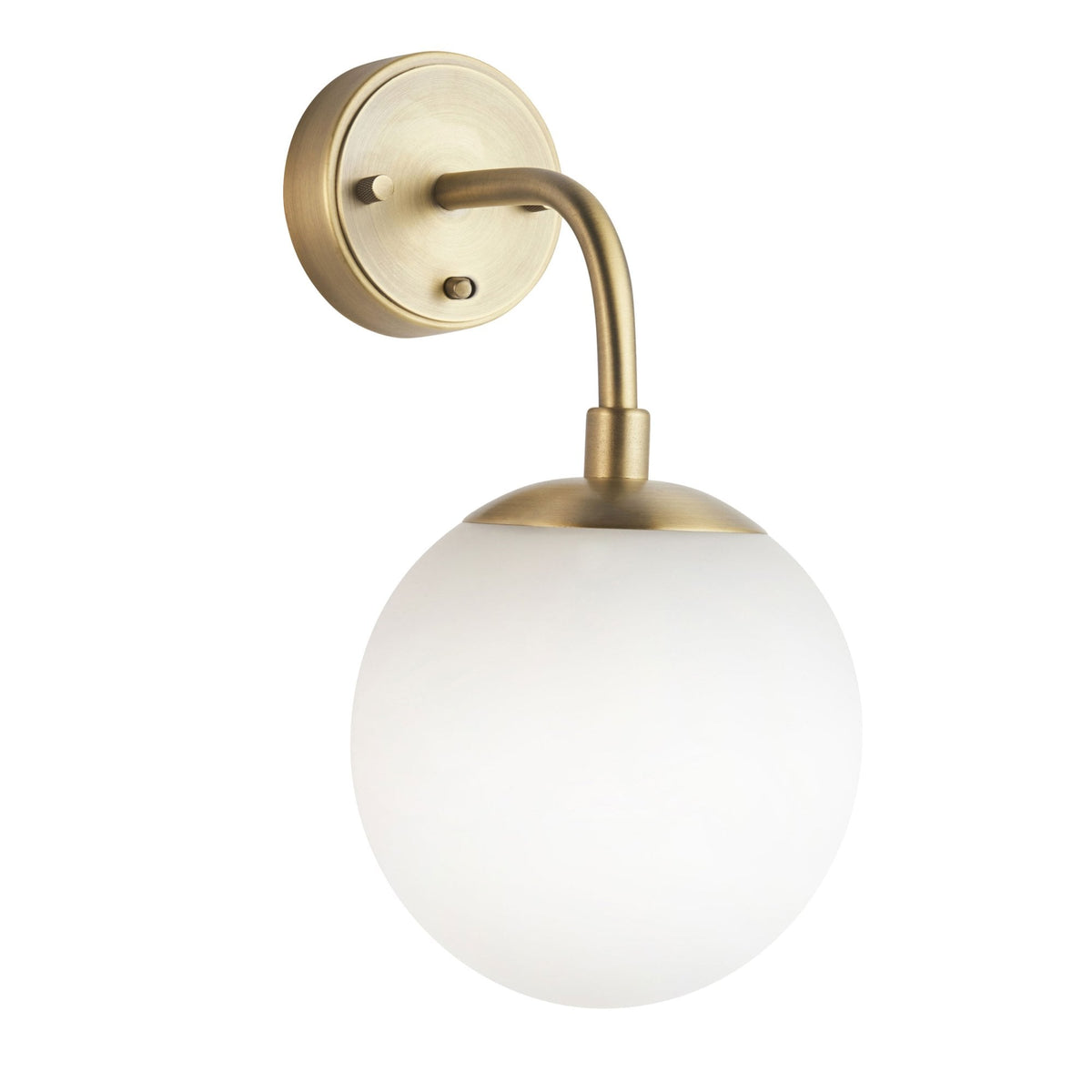A brass wall light with a white globe shade, isolated on a white background.