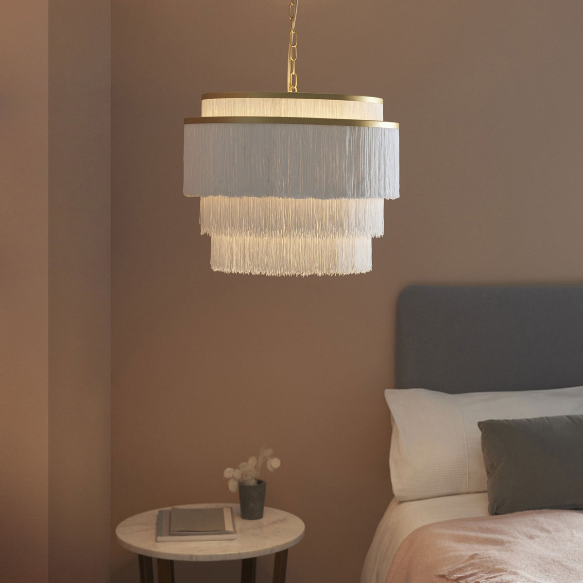 Tuckton 3 Light Pendant in Matt Gold & White Tassels