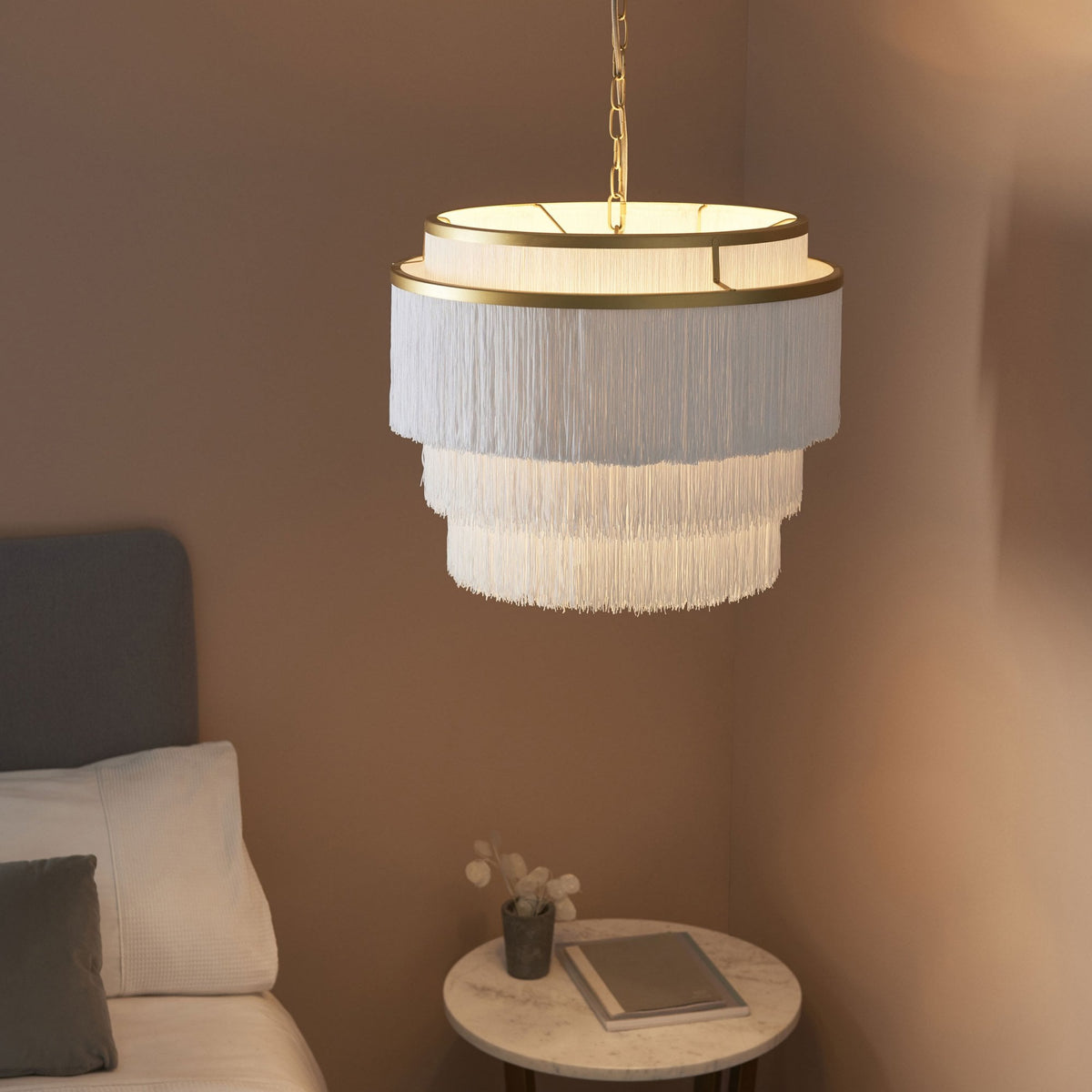 Tuckton 3 Light Pendant in Matt Gold & White Tassels