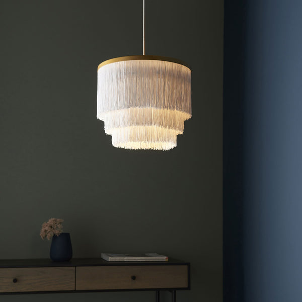 Tuckton Pendant Light in Matt Gold & White Tassels