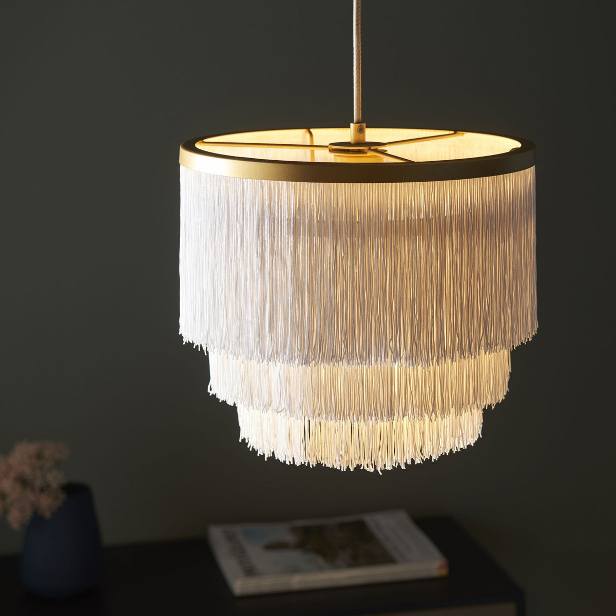 Tuckton Pendant Light in Matt Gold & White Tassels