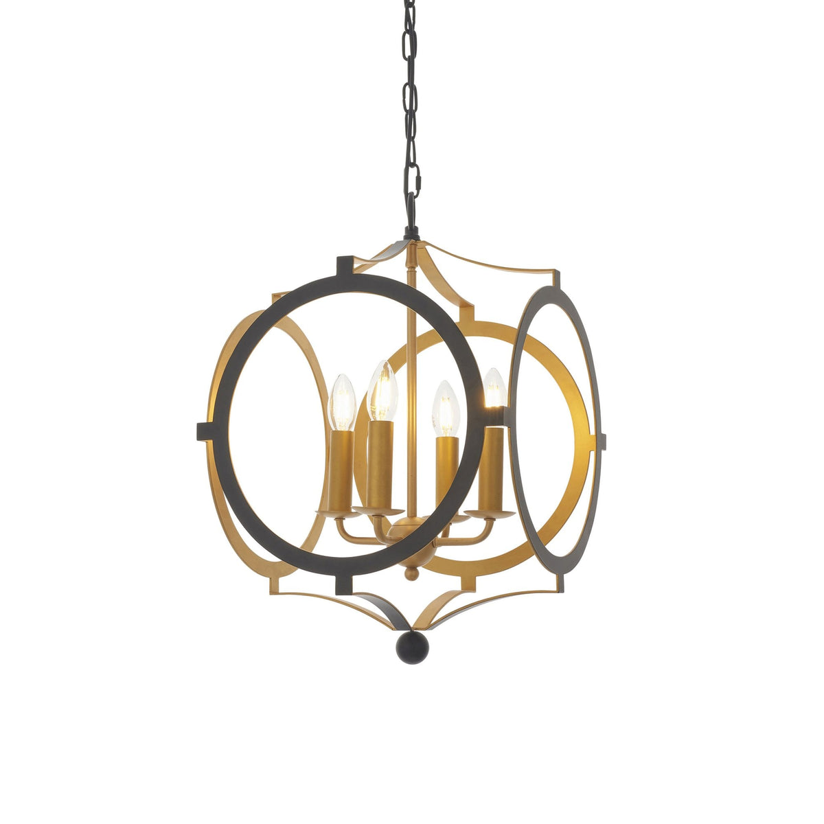 A black and gold chandelier with four candle-style lights on a white background.