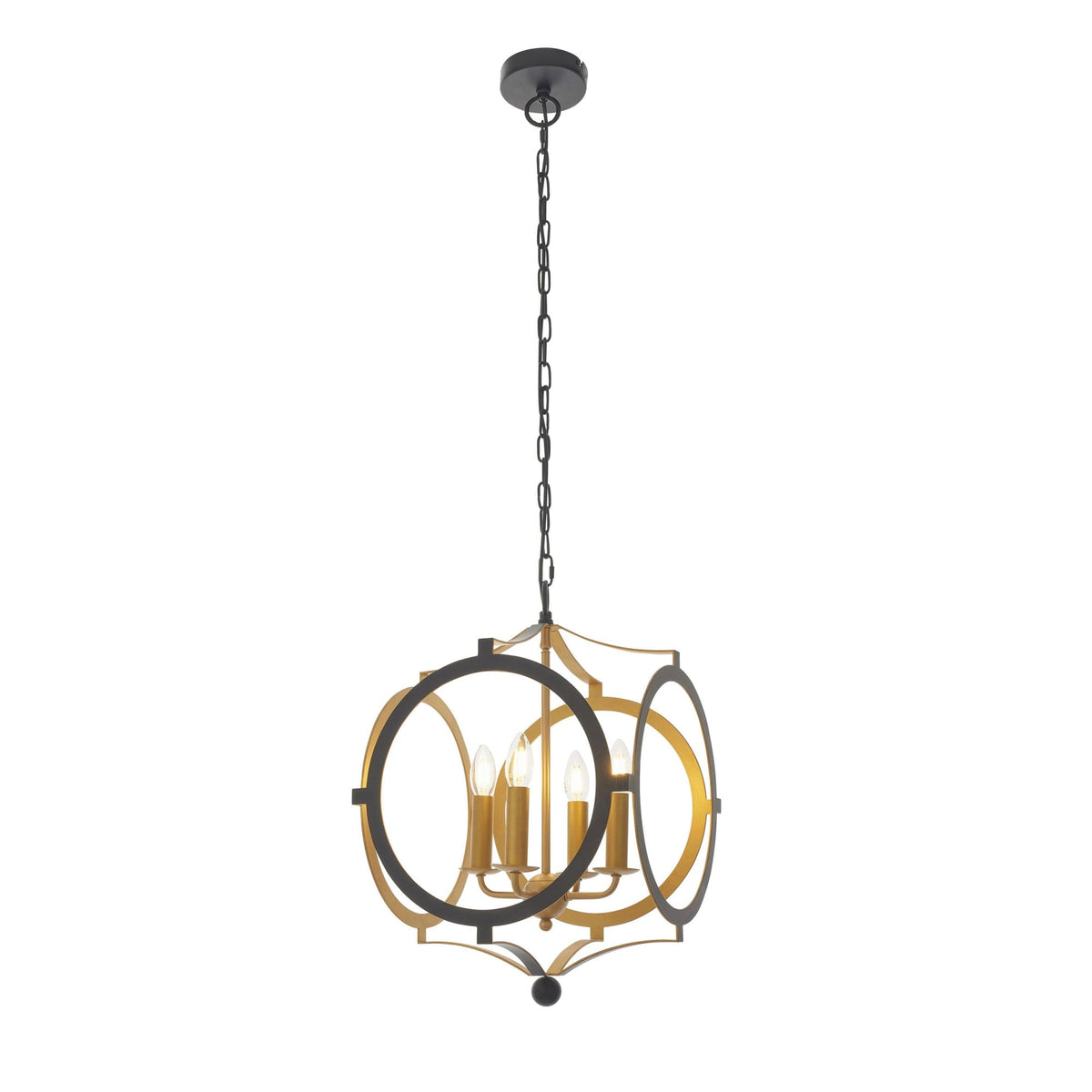 A black and gold chandelier hanging from a black chain on a white background.