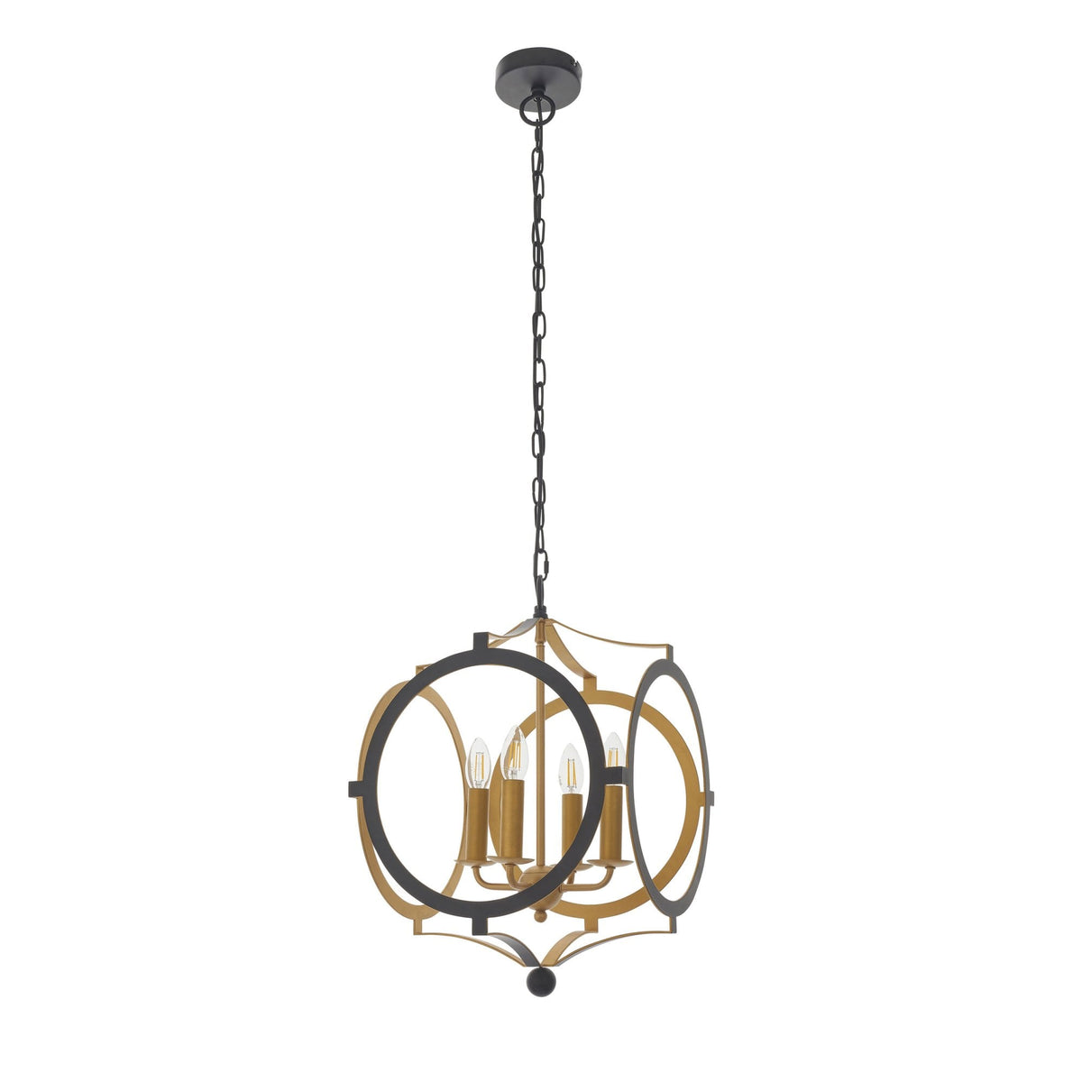 A black and gold chandelier hanging from a black chain on a white background.