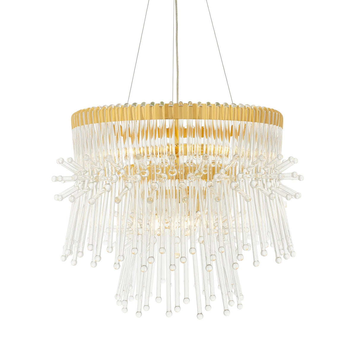 Front view of a two-tier gold and clear glass chandelier with numerous glass rods.
