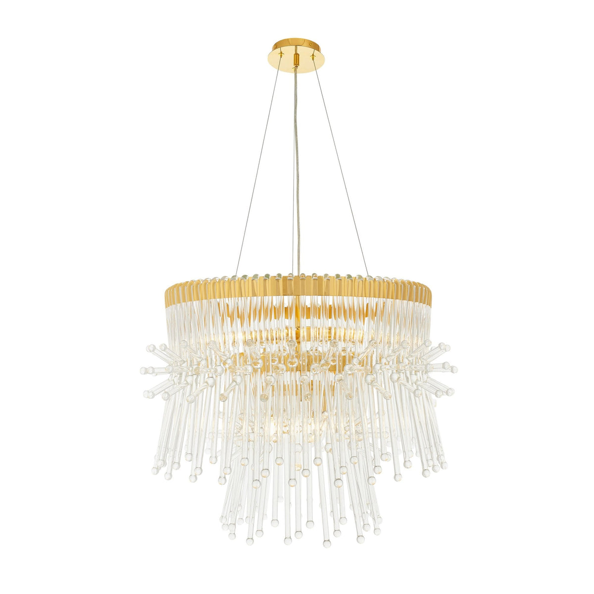 Full view of a two-tier gold and clear glass chandelier against a white background.