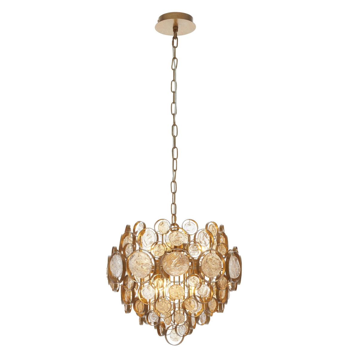 A gold chandelier with intricate glass discs, hanging against a plain white background.