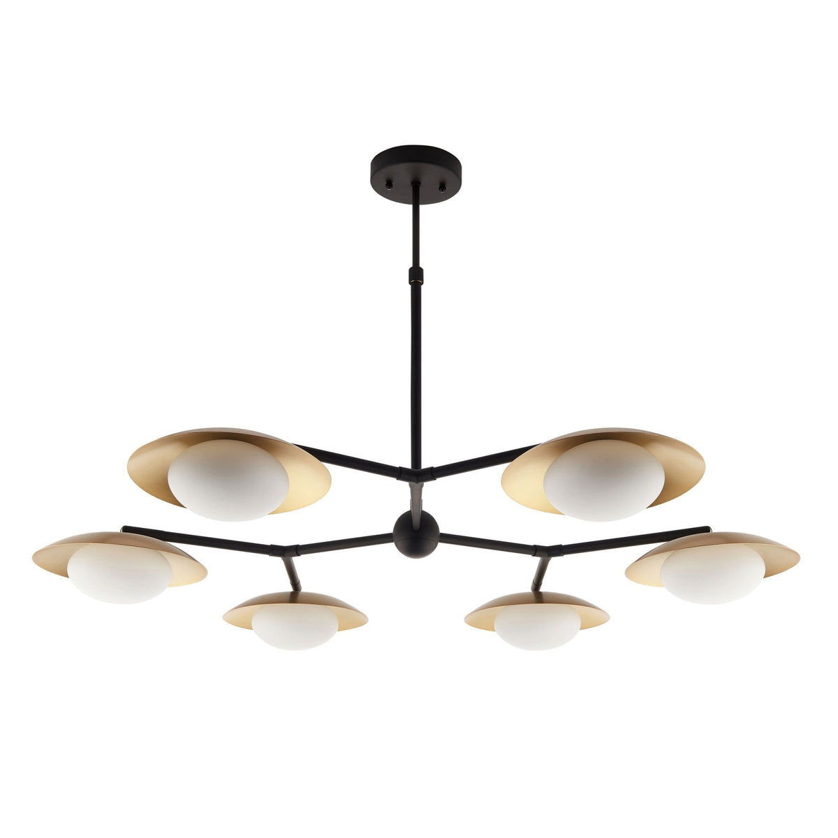 A modern six-light chandelier with black arms and gold-toned, saucer-shaped lights with white globes on a white background.