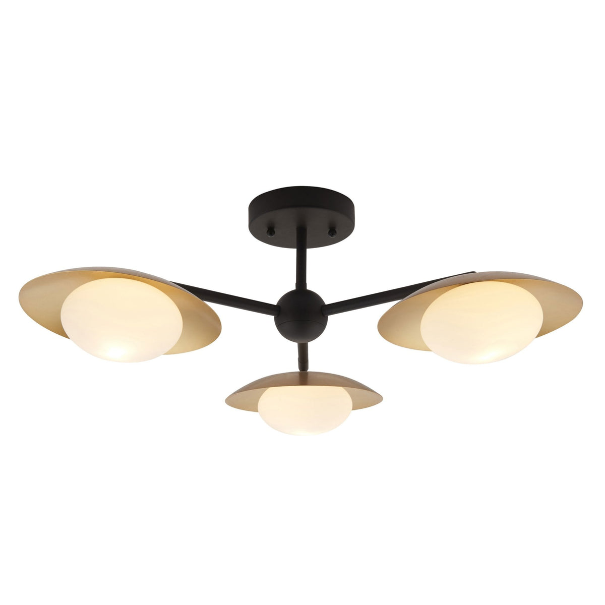 A minimalist ceiling light fixture with three arms, each holding a spherical bulb and a gold-toned shade.