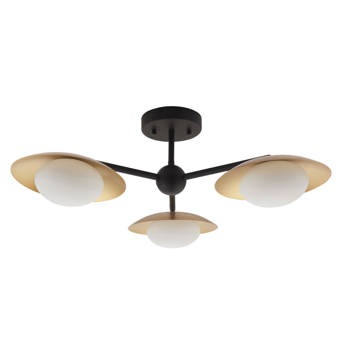 A modern, dark-finished ceiling light featuring three arms, each with a spherical bulb and a gold-colored shade.