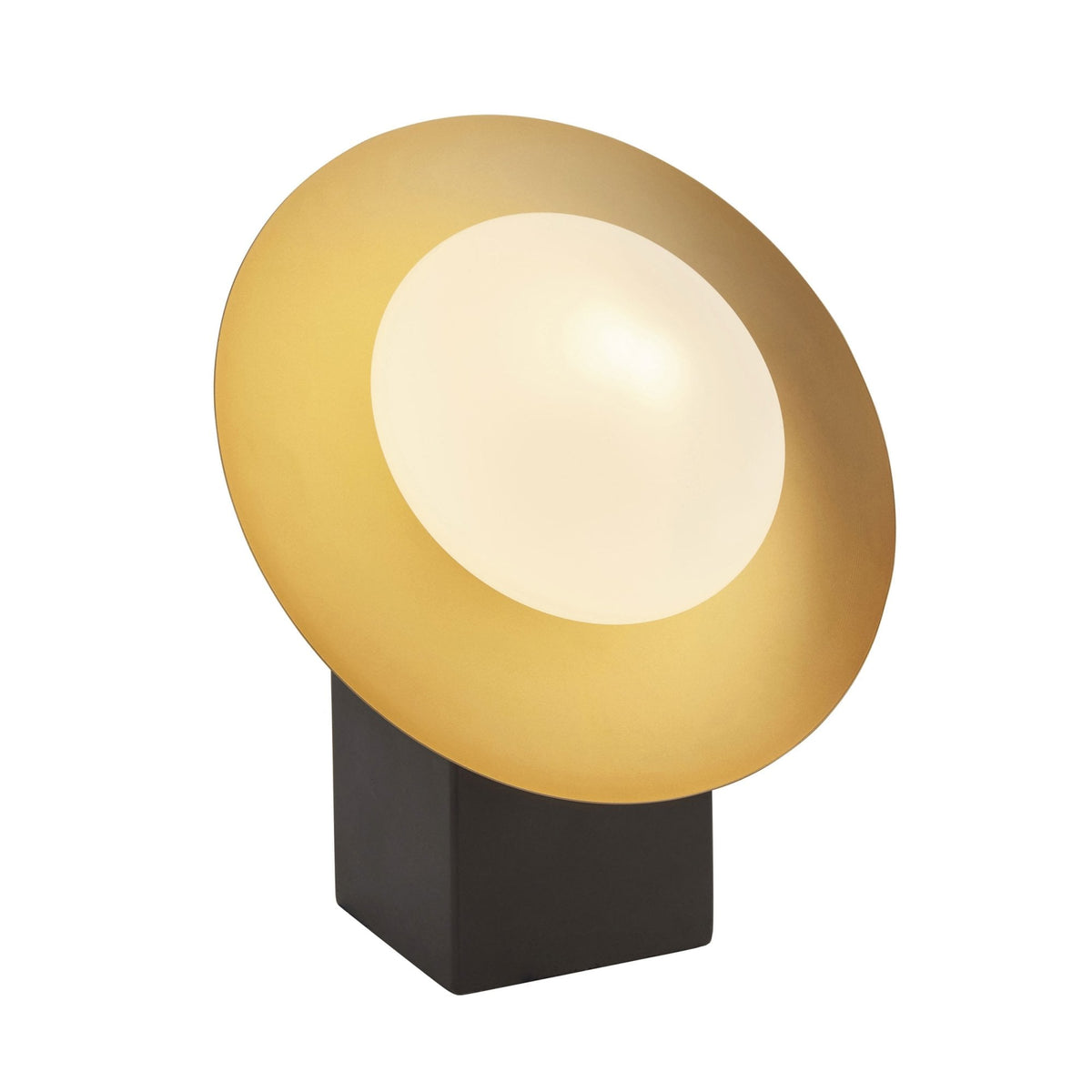 Table lamp with a dark base and a gold and white disc light source.