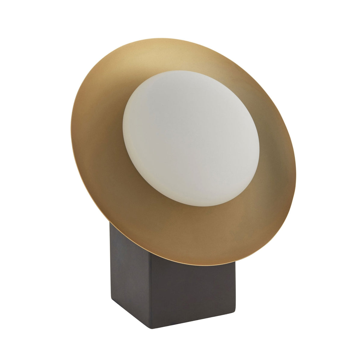 Table lamp with a dark base and a gold and white disc light source.