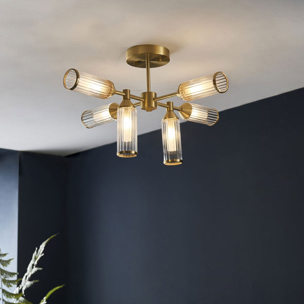 Gillingham 6 Light Semi Flush in Satin Brass