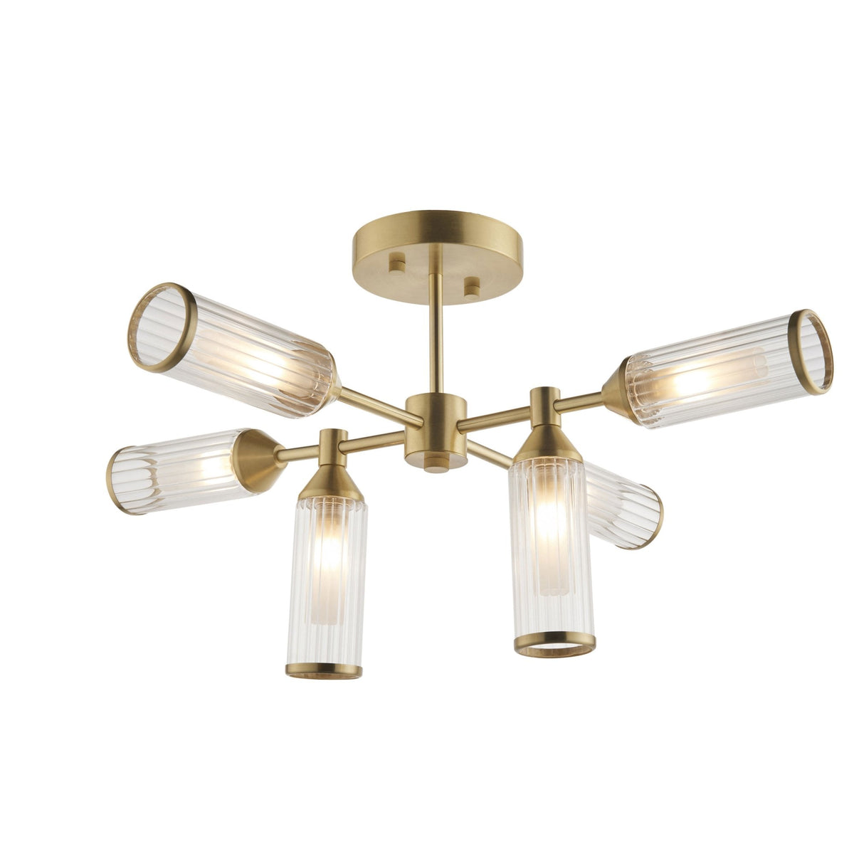 A brass ceiling light with six ribbed glass shades, three pointing up and three pointing down, on a white background.