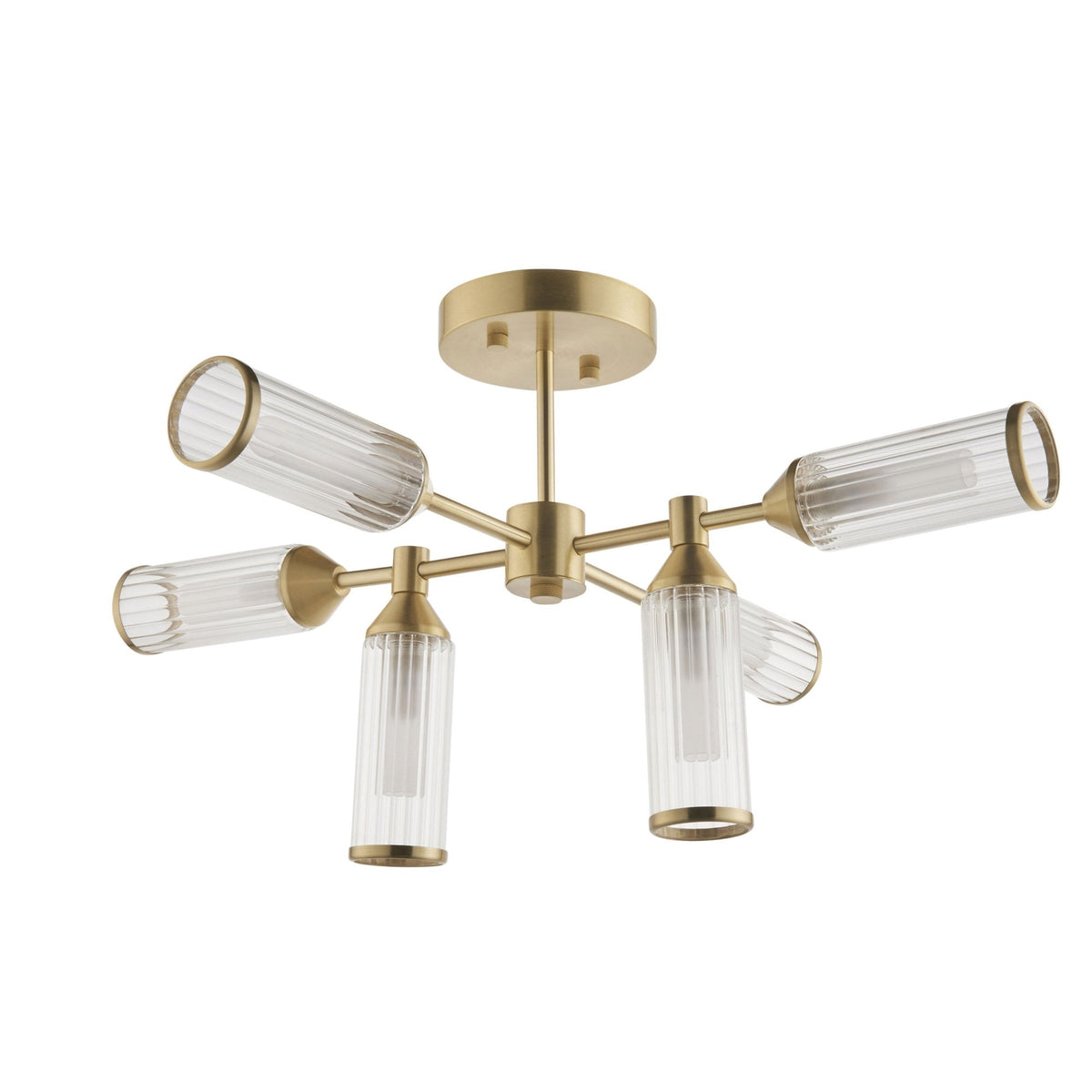 A brass ceiling light with six ribbed glass shades, three pointing up and three pointing down, against a white background.