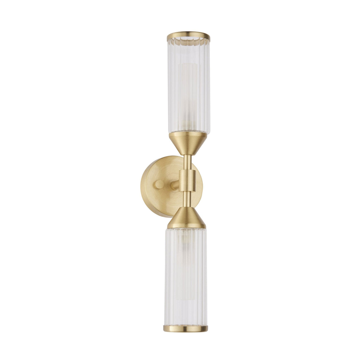 An unlit brass wall light with two clear, fluted glass shades on a white background.