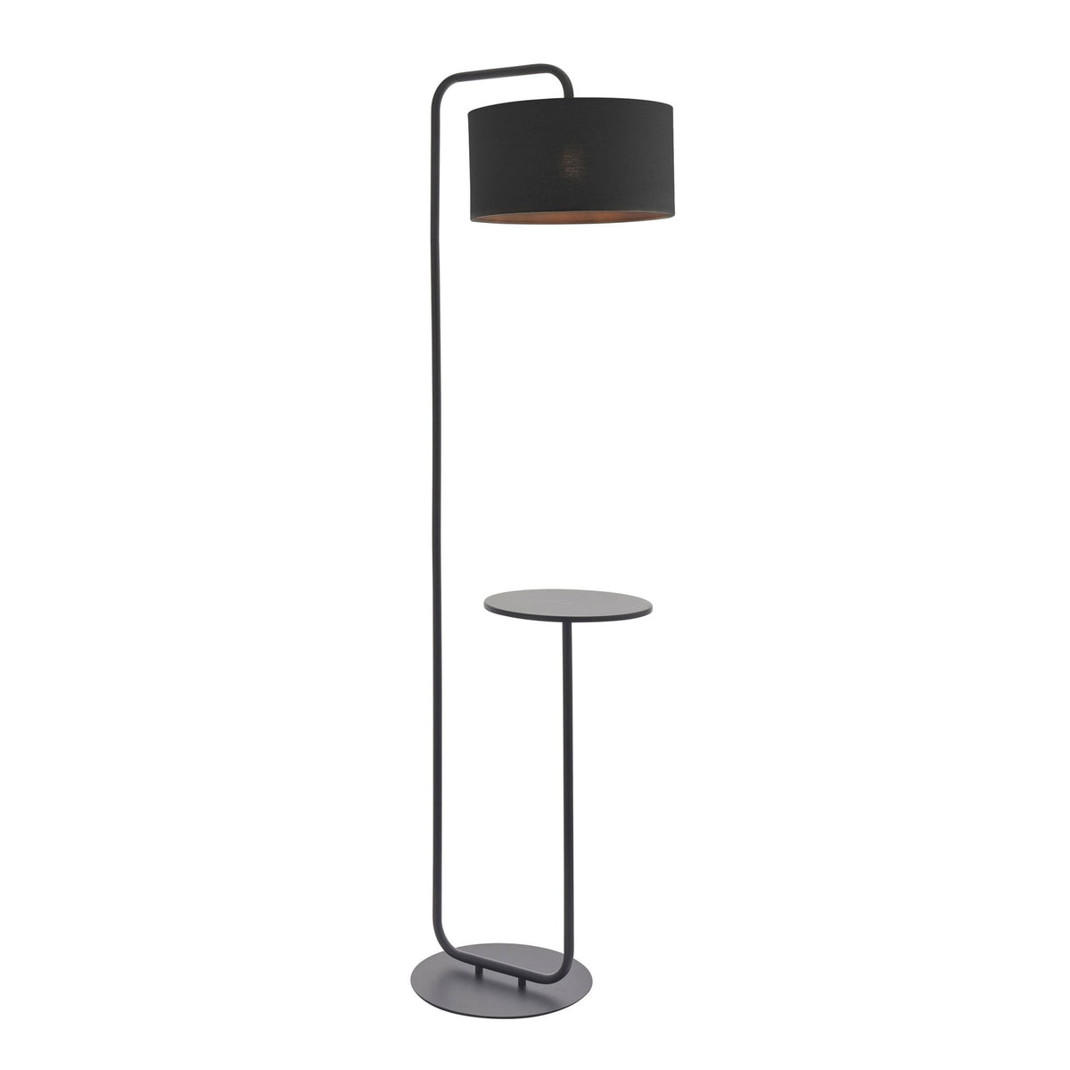 Black floor lamp with a round side table attached, on a white background.