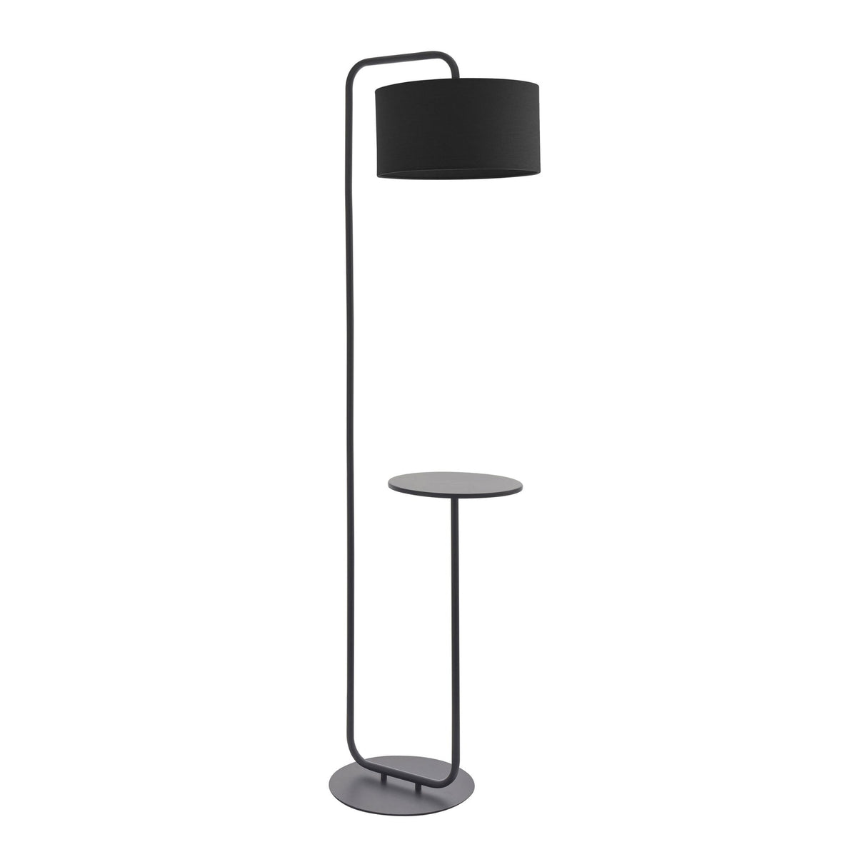 Black floor lamp with a round side table attached, on a white background.