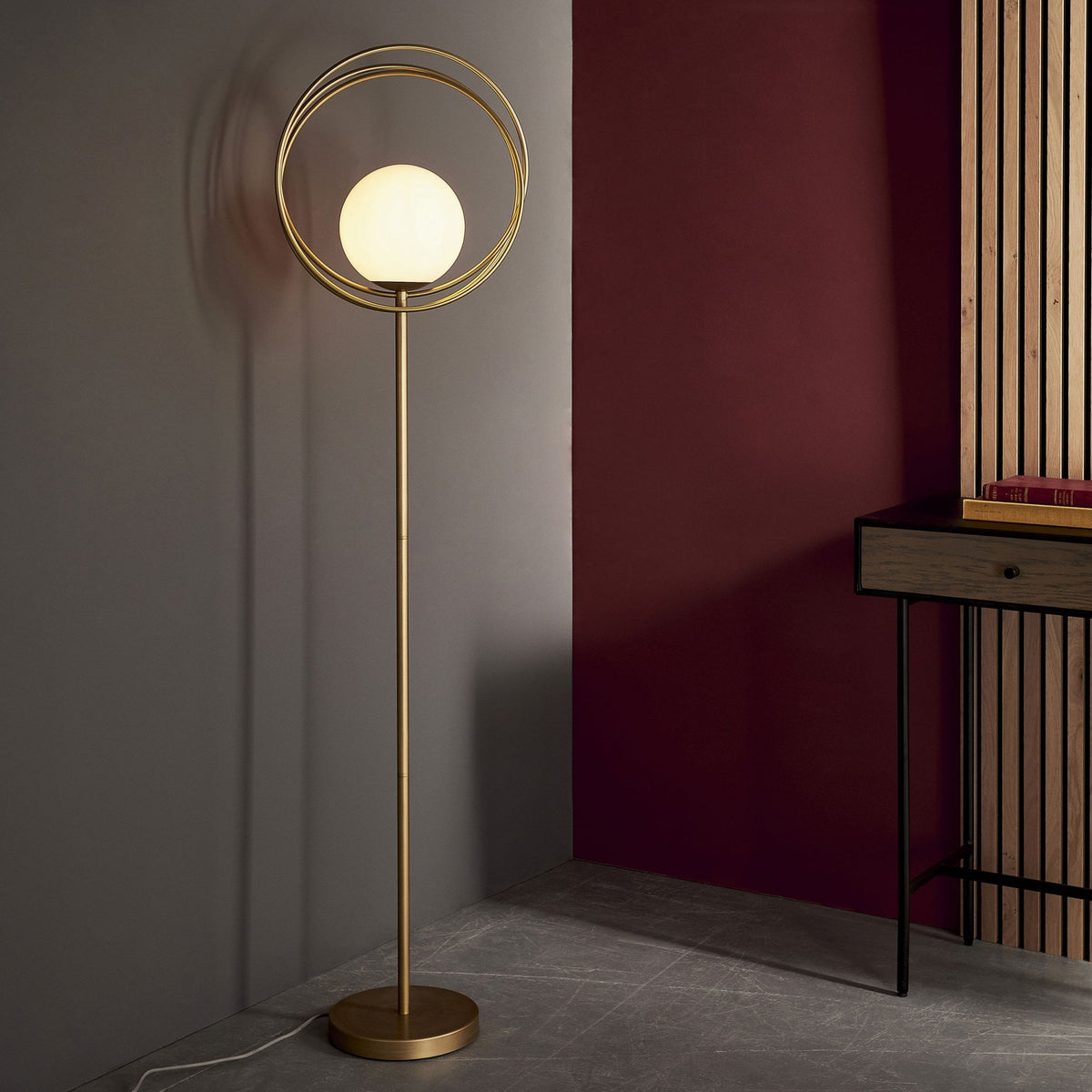 Emilio Floor Lamp in Brushed Gold with Gloss Opal Shade